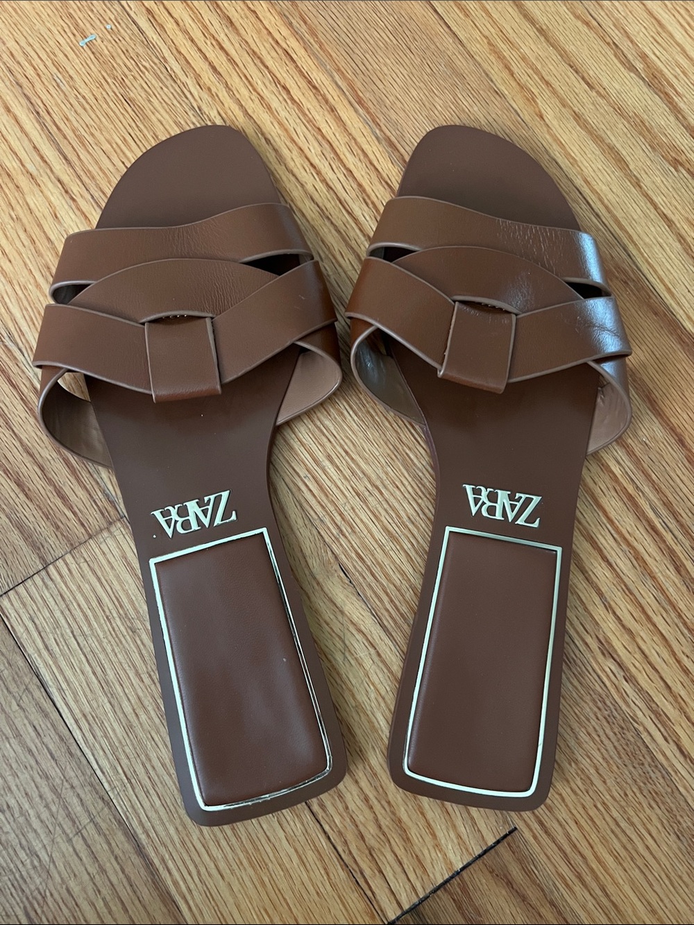 Zara Brown Flat Crossed leather Sandals 40 EU